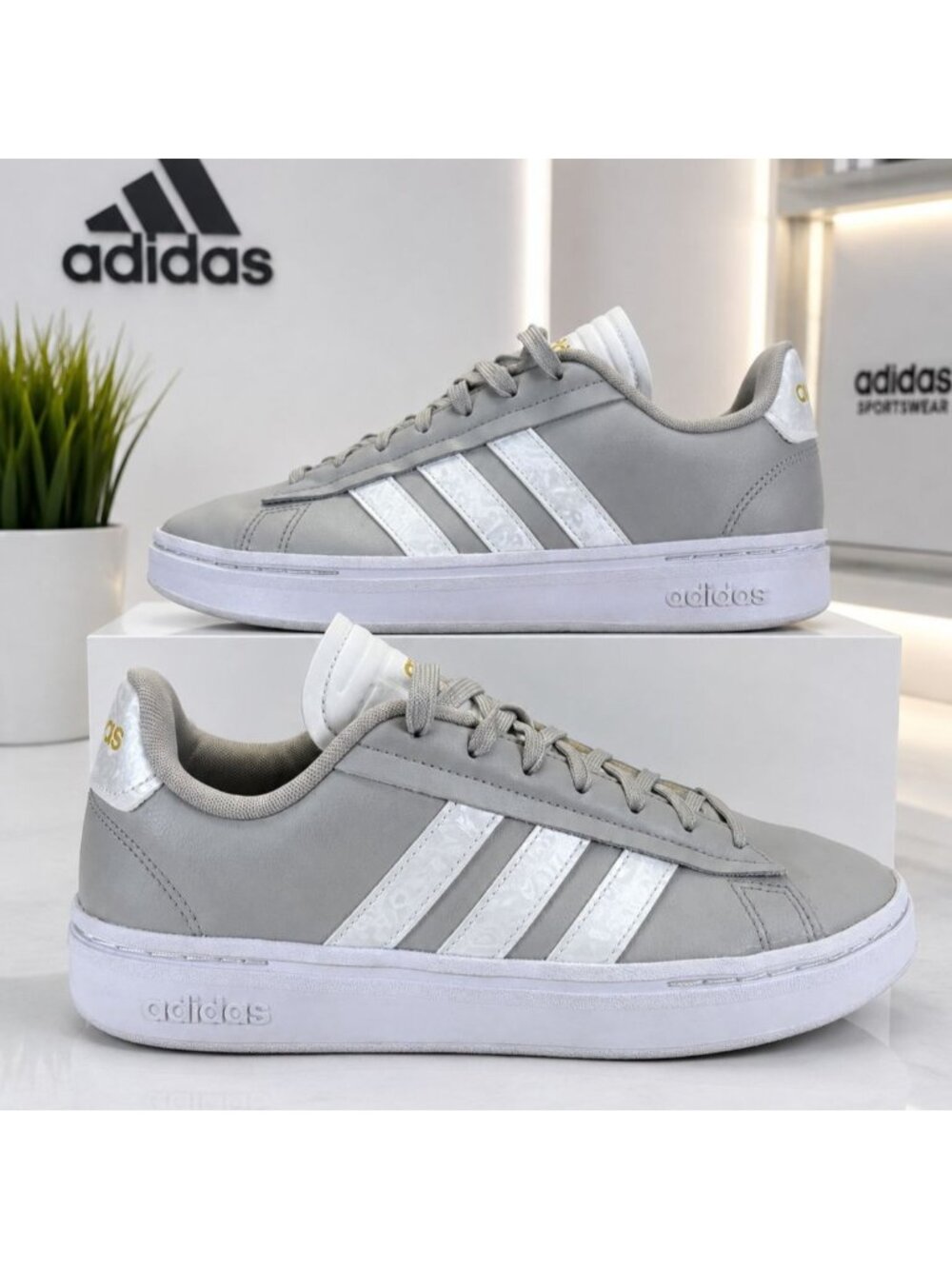 Adidas Grande Court Alpha Sneakers Womens Size 9 Gray Leather White GX8167 RARE